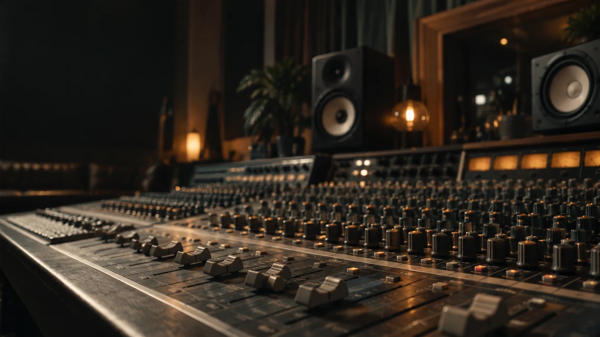 Mixing console faders and knobs under warm studio lights