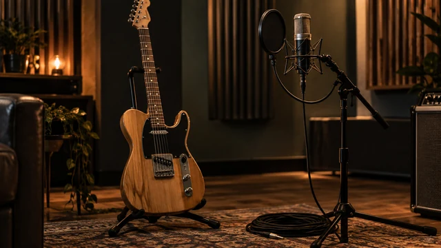 Guitar and microphone set up for a studio session
