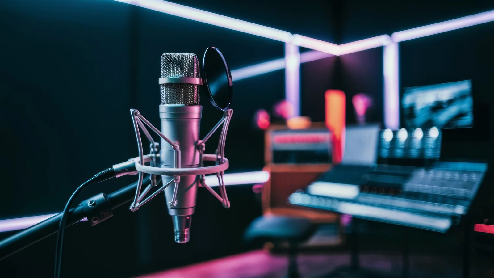 Studio microphone and pop filter in a recording room